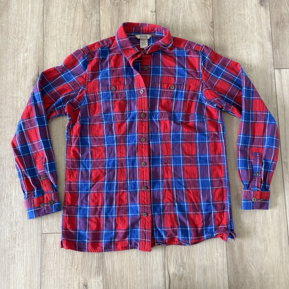 Duluth Trading Co Mens Plaid Flannel Shirt Red Blue White Cotton Size Small S